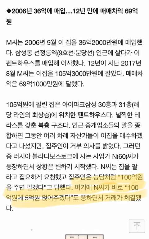삼성동 아이파크 펜트하우스 105억에 팔린 사연... | 인스티즈